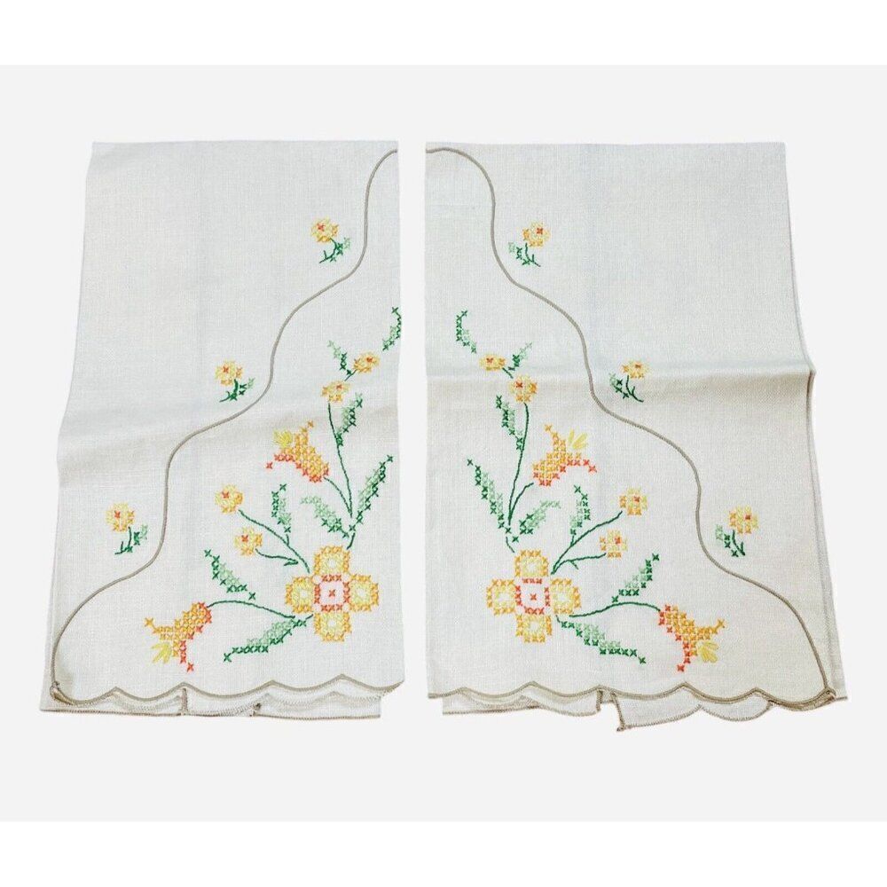 Vintage Embroidered Yellow Orange Flower Linen Tea Towels Set 2 Floral 19 x 12